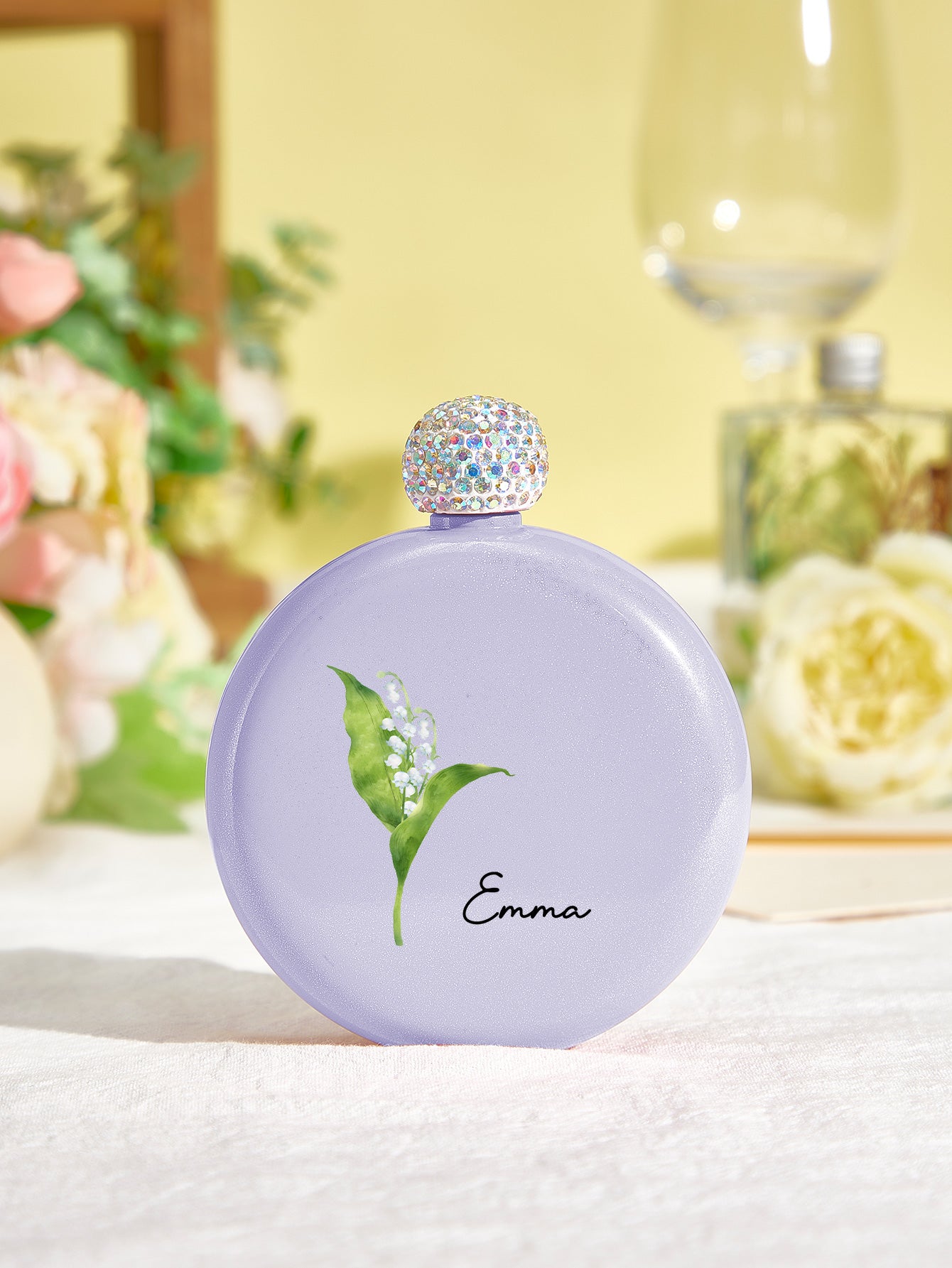 Personalised Birth Flower Round Flask with Name - 5oz Glitter Bridesmaid Gift