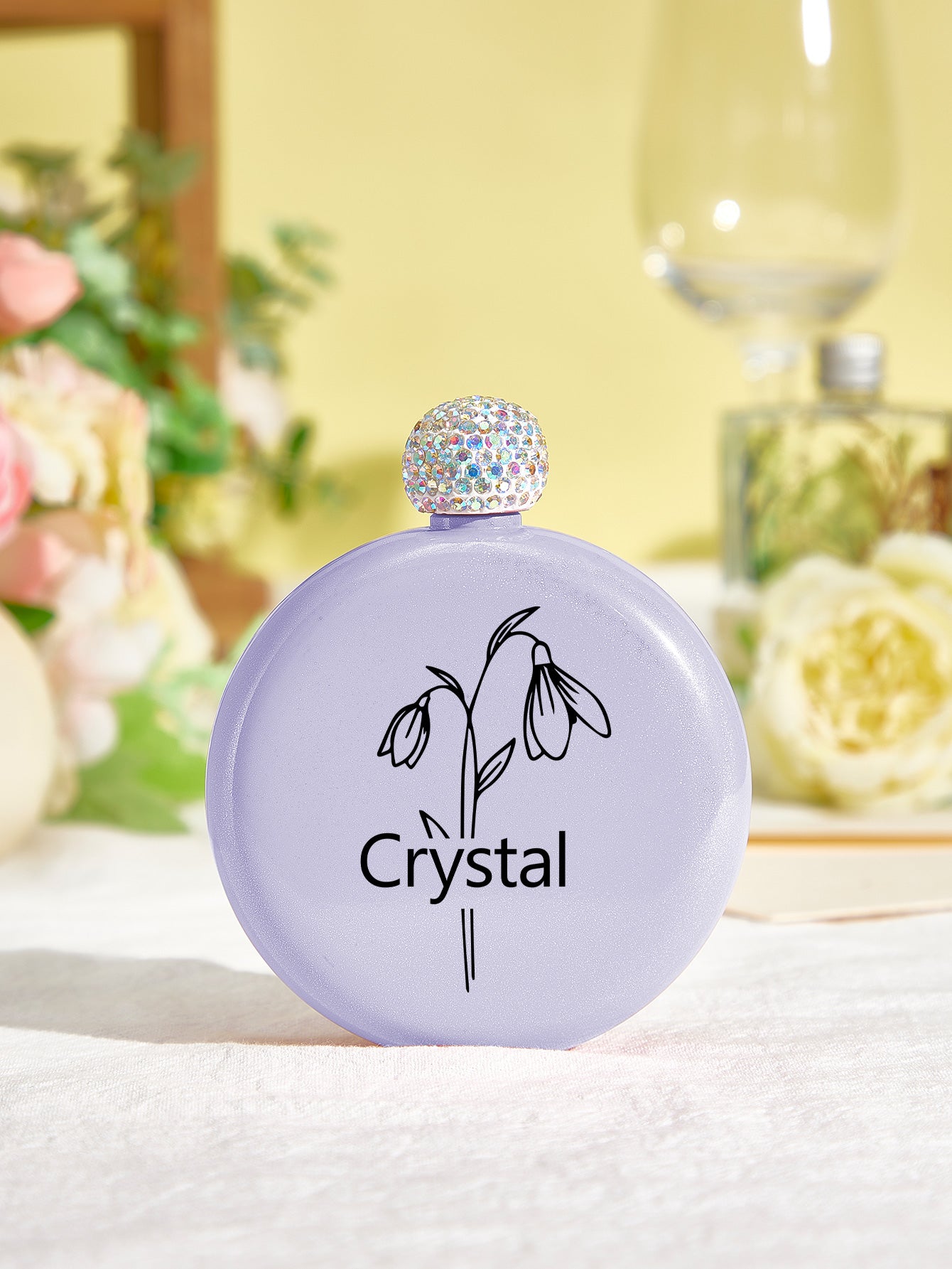 Personalised Birth Flower Name Glitter Flask - 5oz Engraved Gift for Her