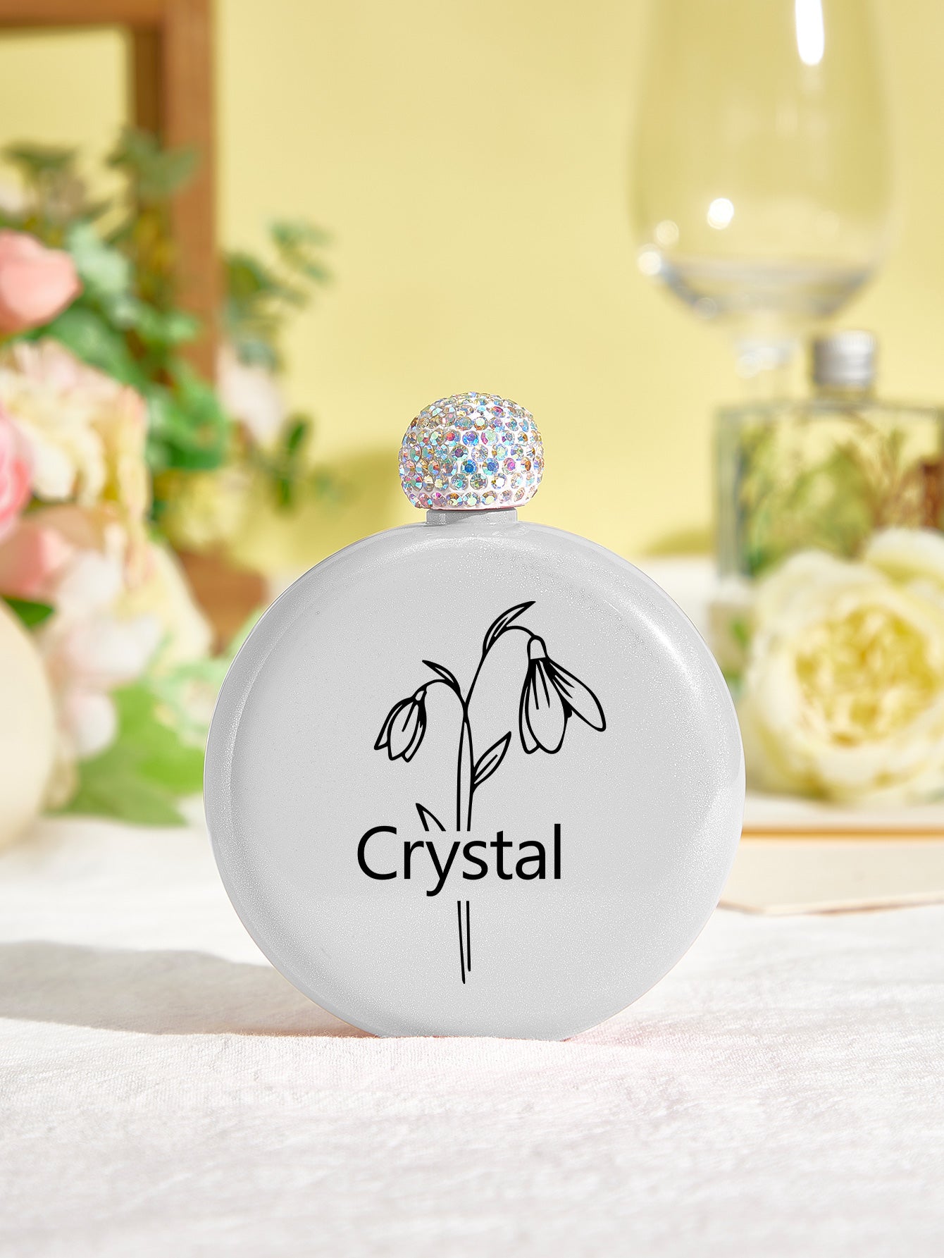 Personalised Birth Flower Name Glitter Flask - 5oz Engraved Gift for Her
