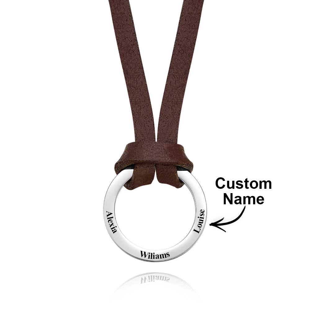 Pendant Close-up with Engraved Name on PU Leather Necklace in Natural Light