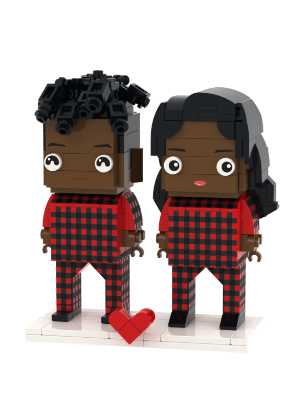 Personalised Black couple brick figures with optional corgi pet miniature and regular accessories – custom face, fur colour and clothing options (corgi only)