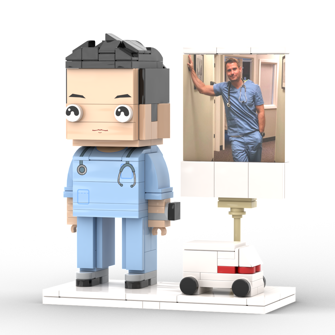 Rear and side view of a personalised full-body brick figure showing hairstyle, standing pose and proportions of this doctor-themed photo gift