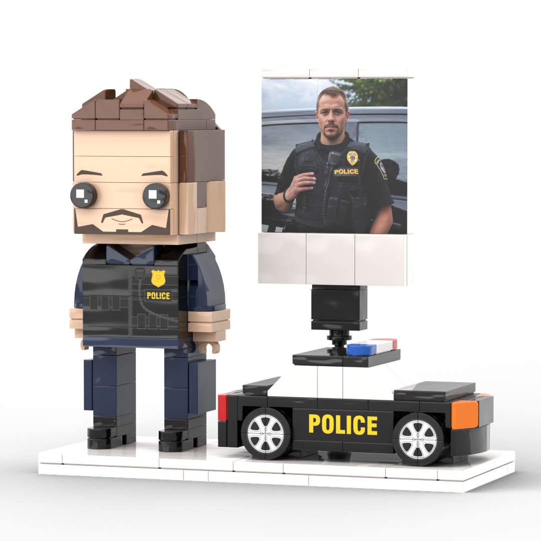 Close-up of personalised brick-style police mini figure torso showing customised uniform and badge detail on eco-friendly ABS