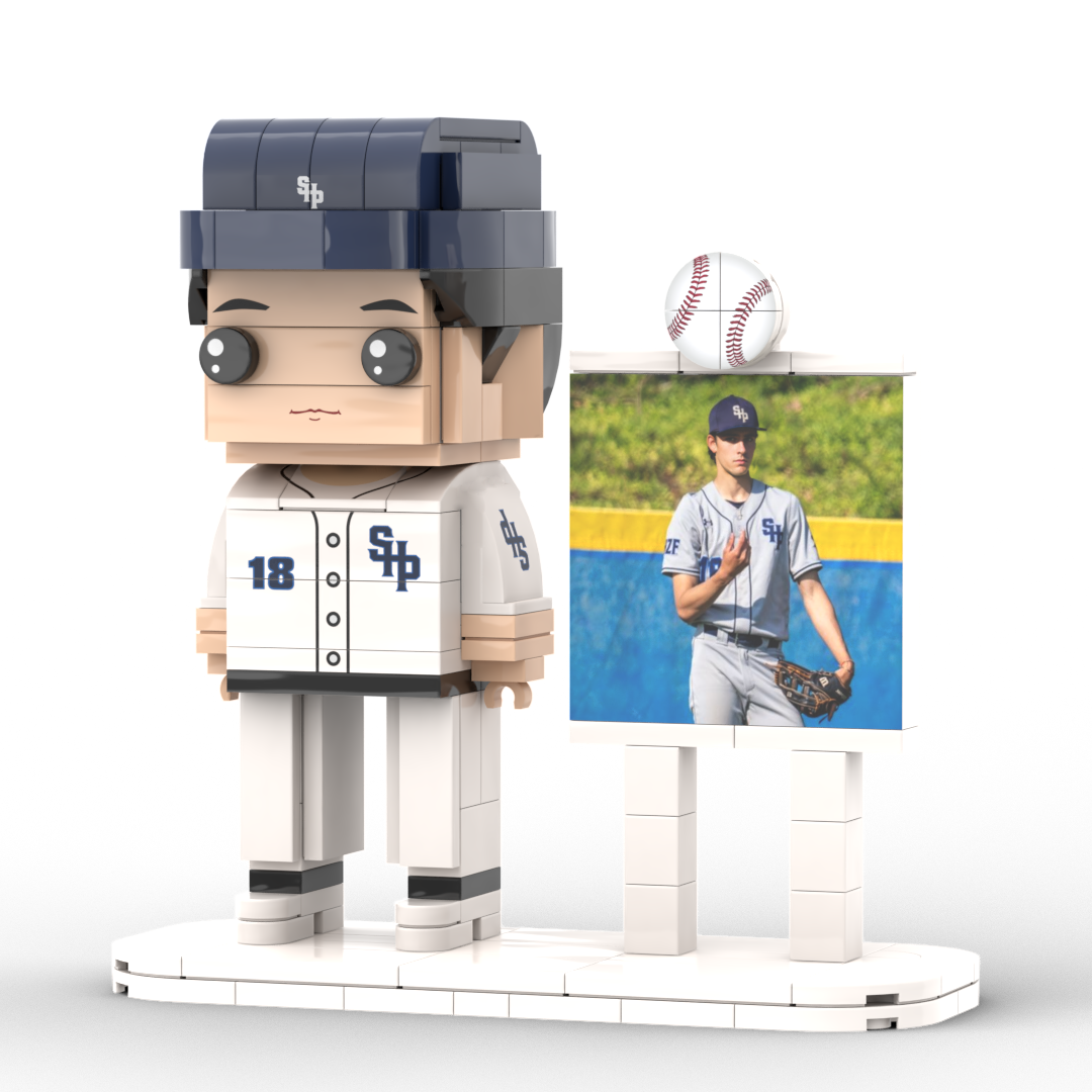 Three-quarter angle of full-body personalised brick figure in baseball outfit — bespoke likeness for birthdays, Father’s Day or Valentine’s