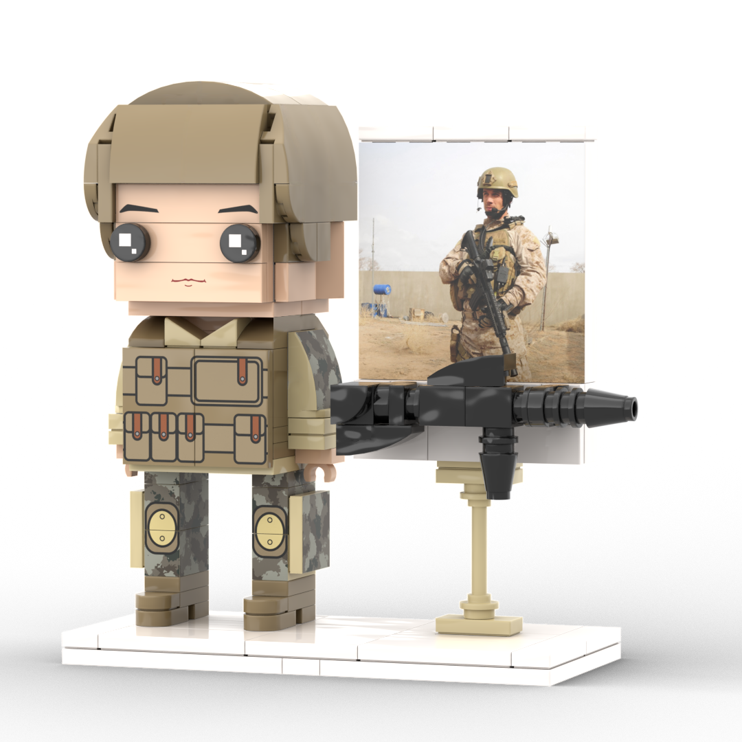 Personalised soldier-themed brick figure showing full-body pose and conventional accessories — custom one-person mini-figure from your photo