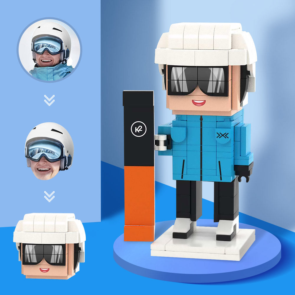 Front view of a personalised brick figure snowboarder head block toy, showcasing a custom face and hairstyle in a block figure design.