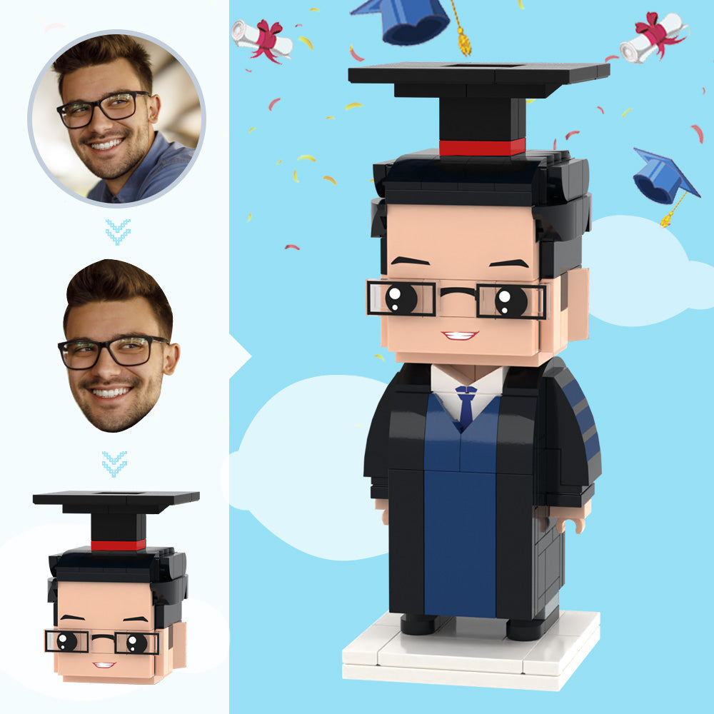 Full-body front view of Custom Graduation Head Brick Figure personalised in a bachelor's gown — small particle block toy graduation keepsake