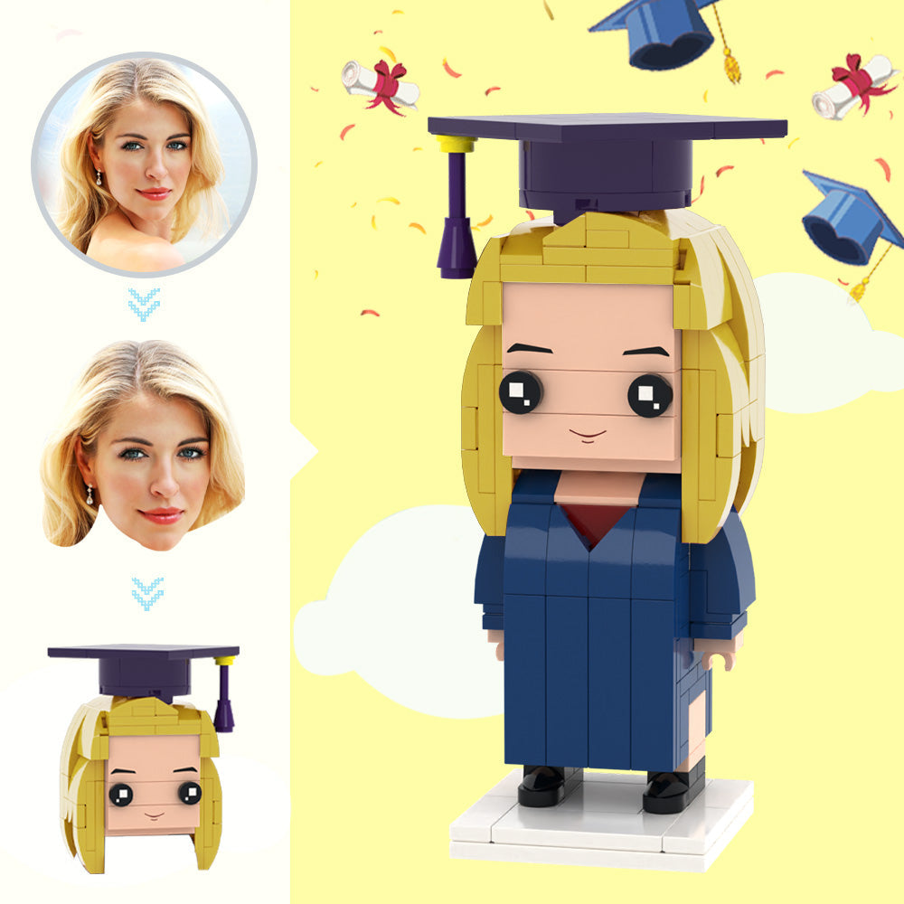 Front-facing personalised graduation custom head brick figure in master’s gown and mortarboard, photo-to-mini block keepsake ideal as a personalised graduation gift for UK and Australia