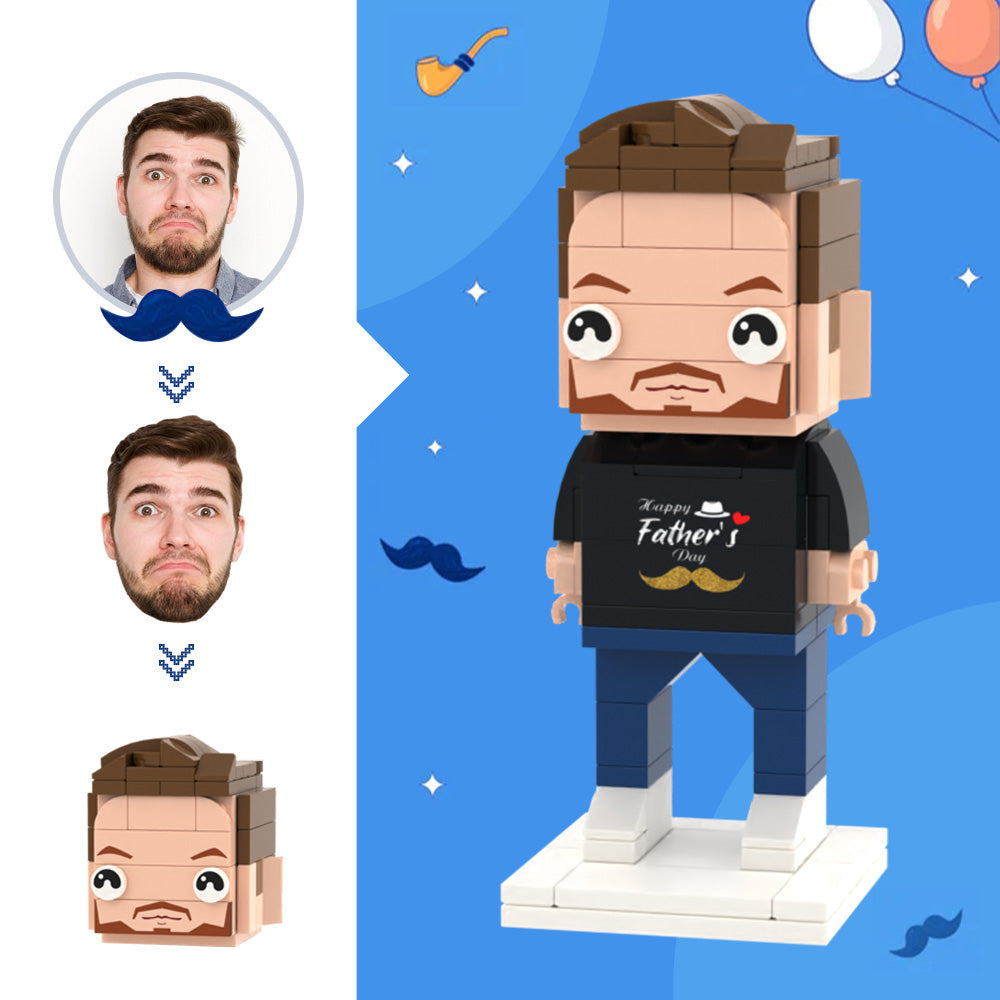 Front view of a Custom Head Brick Figure personalised from a photo — bespoke small particle block mini figure, ideal Father’s Day gift for Dad