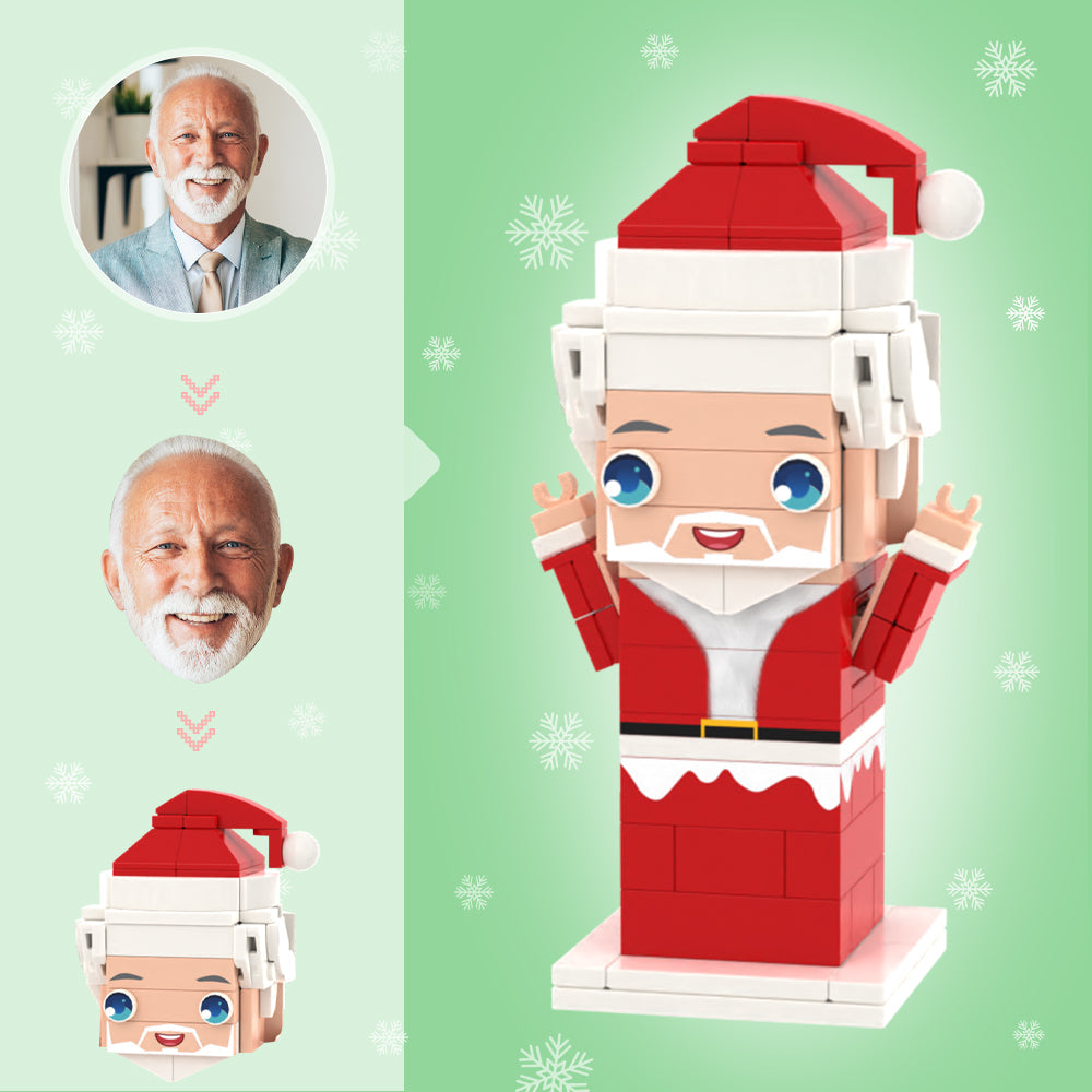 Personalised Santa Brick Figure front view – custom head mini block toy made from eco‑friendly ABS, ideal Secret Santa gift