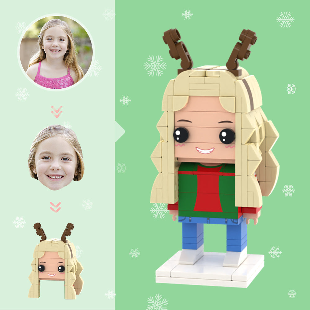 Personalised Girl with Antlers brick figure — front view of custom head mini figure, showing personalised hairstyle and face; eco-friendly ABS Christmas gift and stocking filler