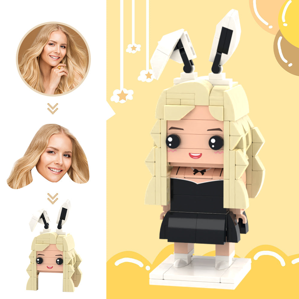 Personalised bunny girl brick figure with custom head — bespoke brick character made from eco‑friendly ABS, a personalised face gift from photo to brick figure