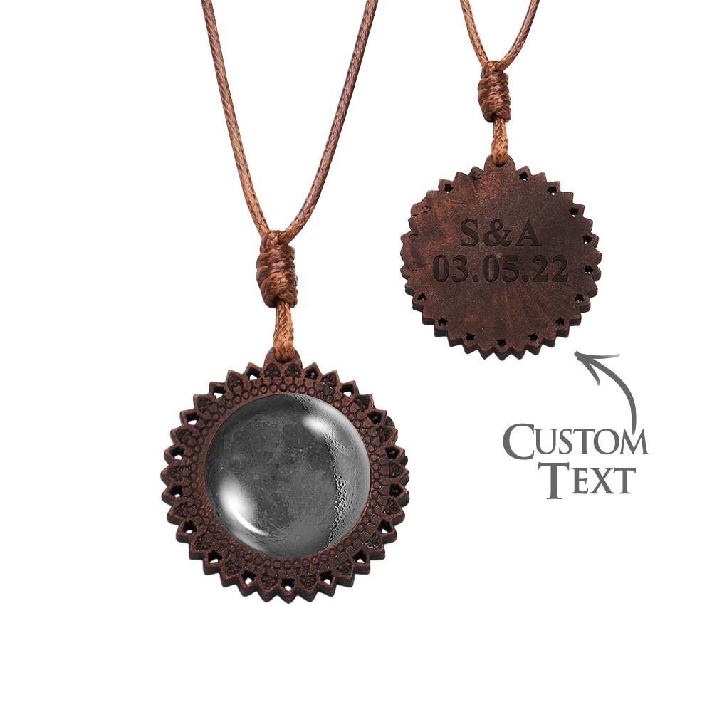 Personalised Moon Phase Wood Pendant Necklace with Engraved Name - Valentine's Gift for Her