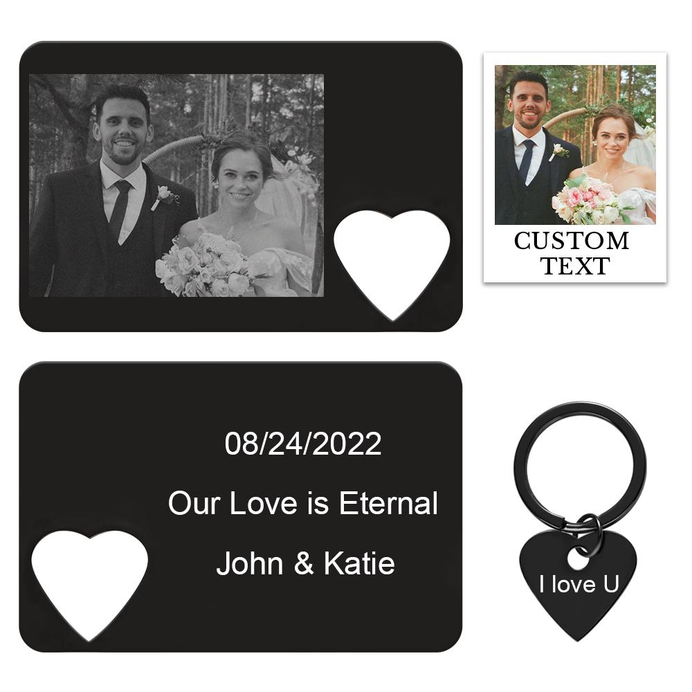 Personalised photo engraved wallet card with matching heart keychain set – couple gift keepsake