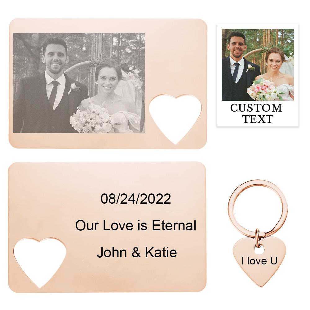 Engraved wallet card shown fitting into a wallet beside matching heart keychain – personalised gift