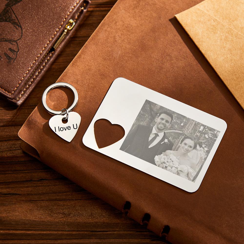 Close-up of personalised photo engraving on wallet card with heart pendant keychain