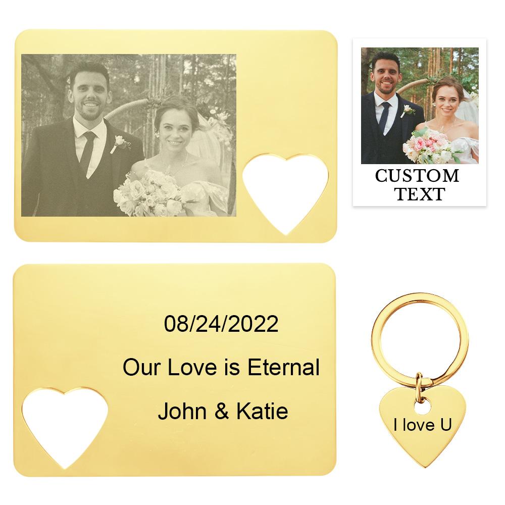 Matching personalised photo engraved wallet card and heart keychain set displayed as a romantic keepsake