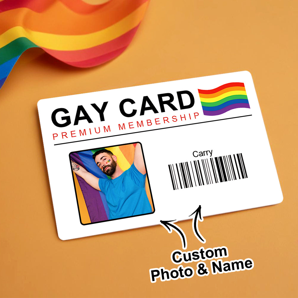 Custom photo personalised name wallet card with rainbow Gay Pride motif — durable plastic 5.4 x 8.6 cm LGBT keepsake for wallets