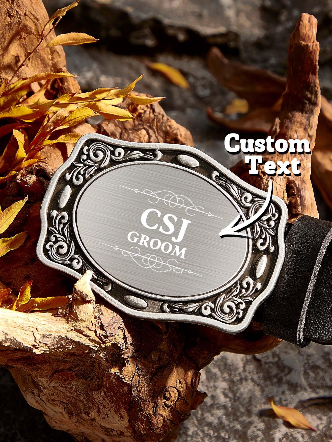 Personalised Western cowboy belt buckle styled on a leather belt with denim — wedding accessory for groom or groomsmen