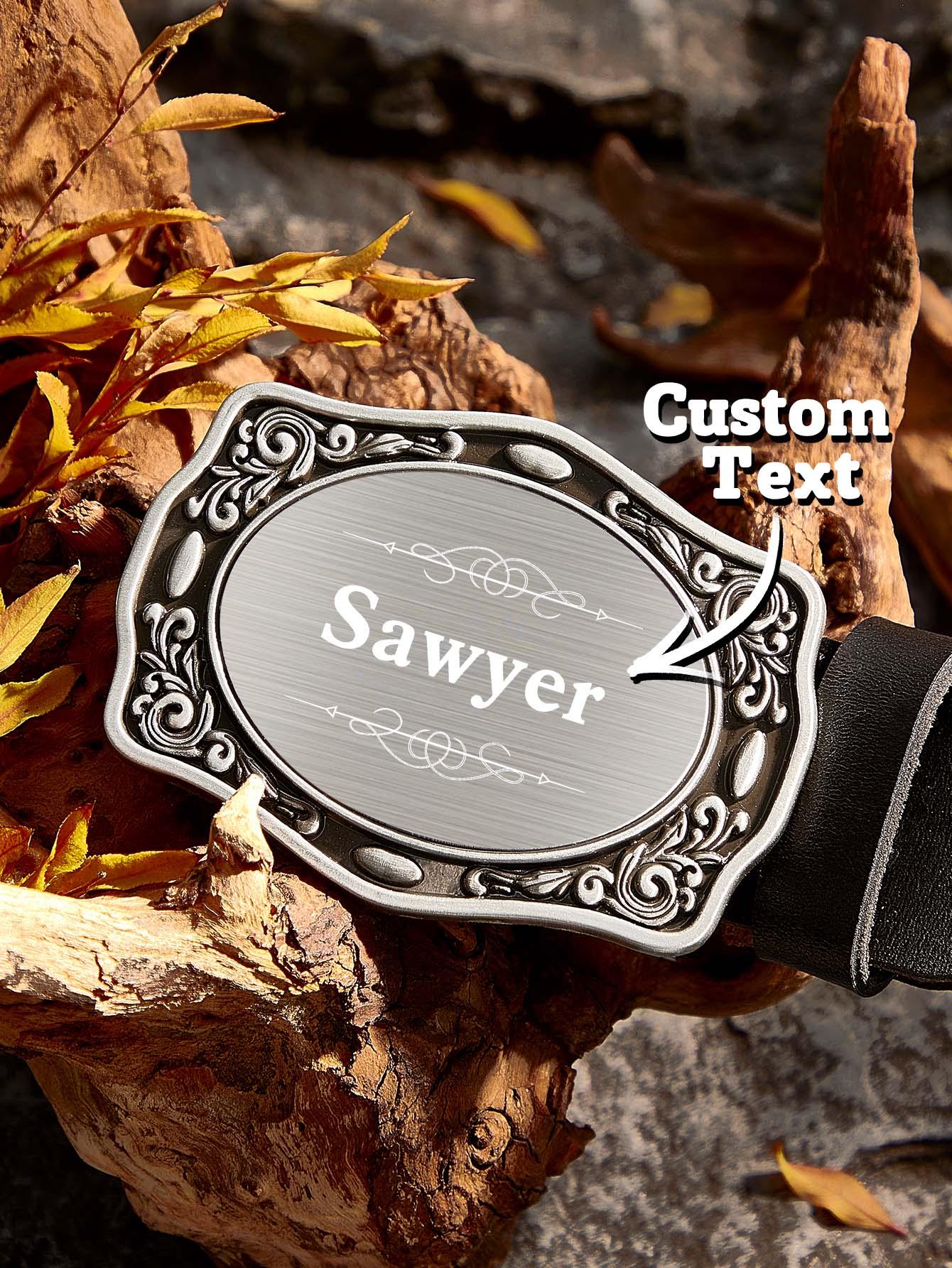 Close-up of engraved name and Western detailing on personalised cowboy belt buckle — ideal engraved gift for him