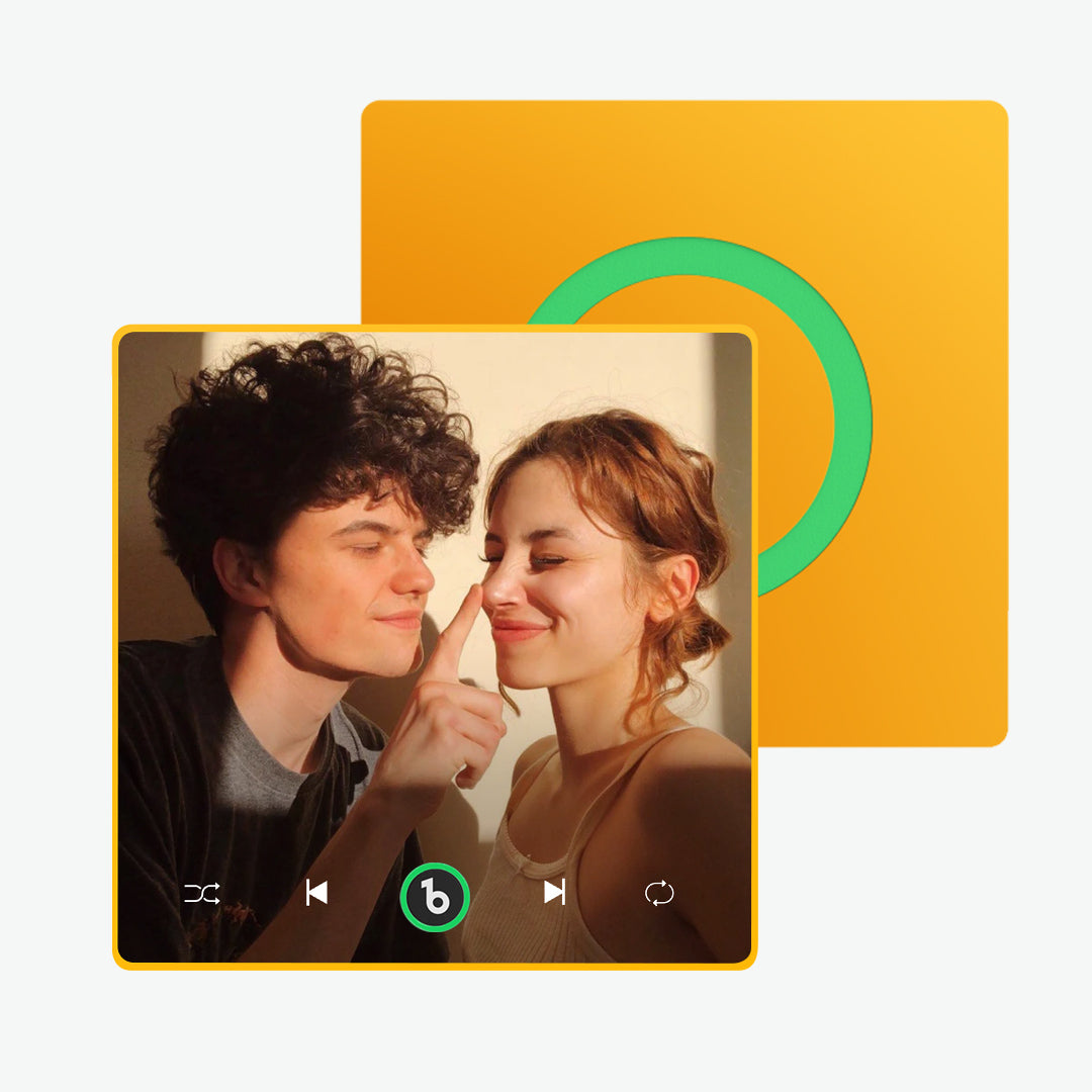 Gift-ready FridgeBeats 4.0 presentation box featuring personalised photo and custom MP3 music magnet for Valentine's and anniversary presents