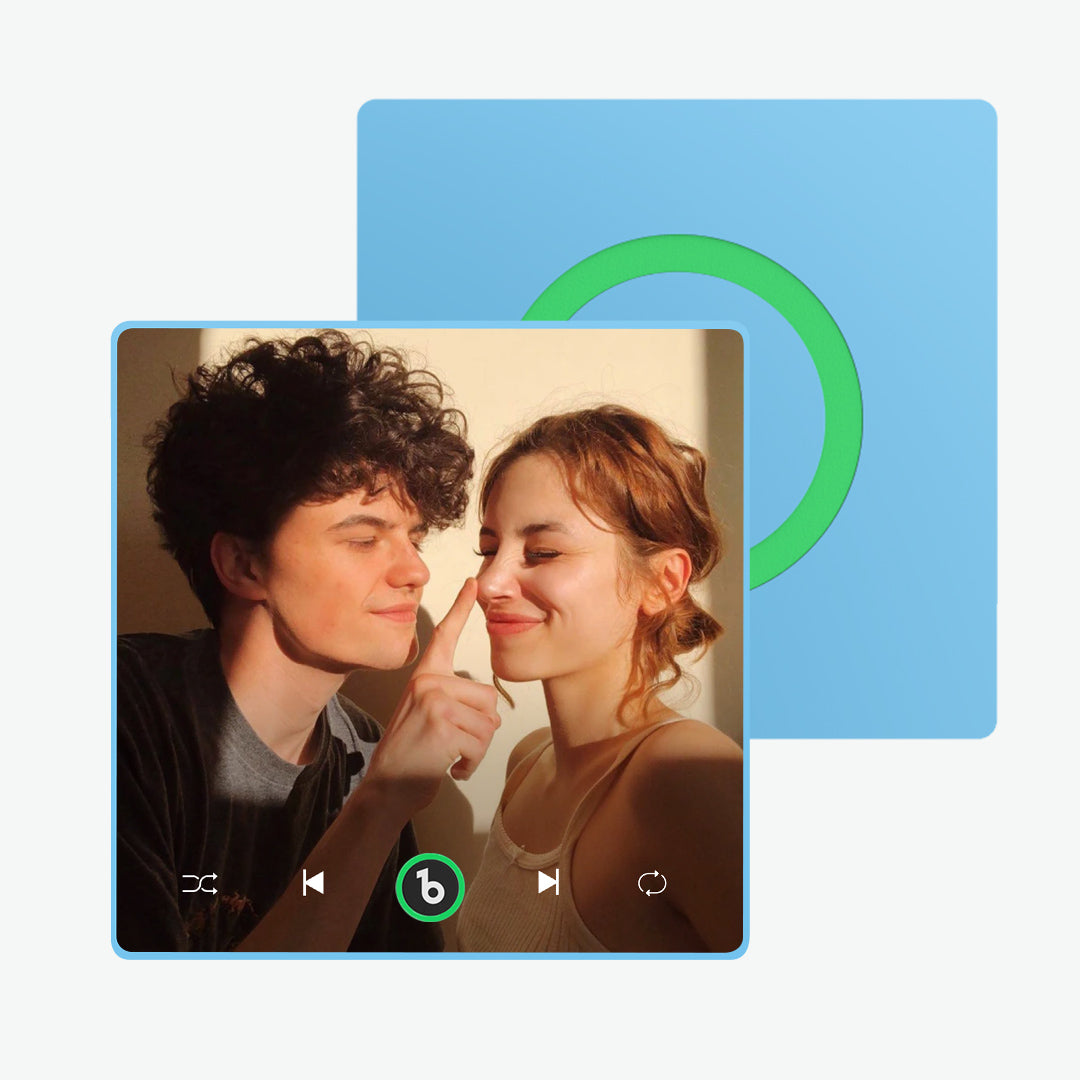 Angled view of 10cm FridgeBeats acrylic music magnet with high-resolution personalised photo and waterproof glossy finish