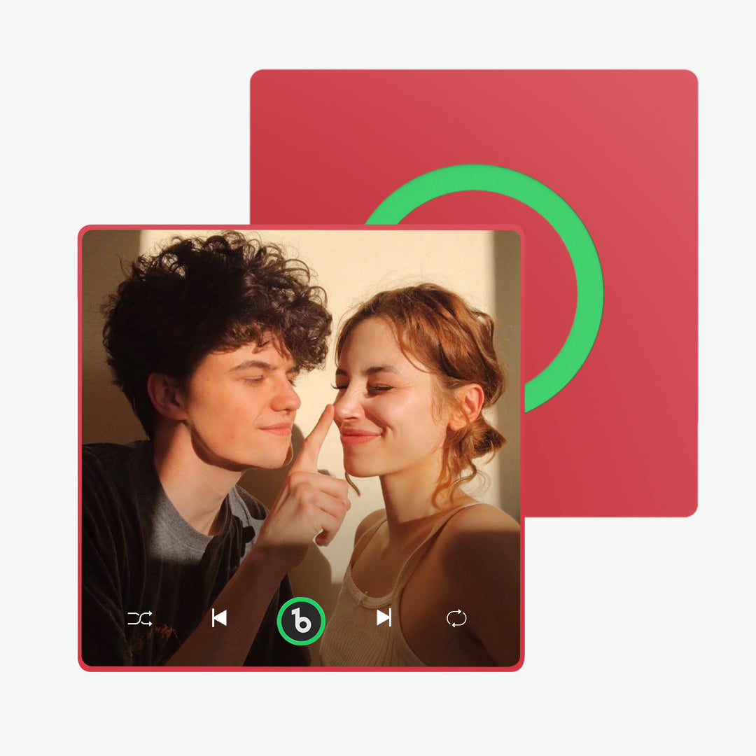 Collection of personalised FridgeBeats 4.0 magnets displaying different photos and custom songs, durable acrylic and low-power Bluetooth playback