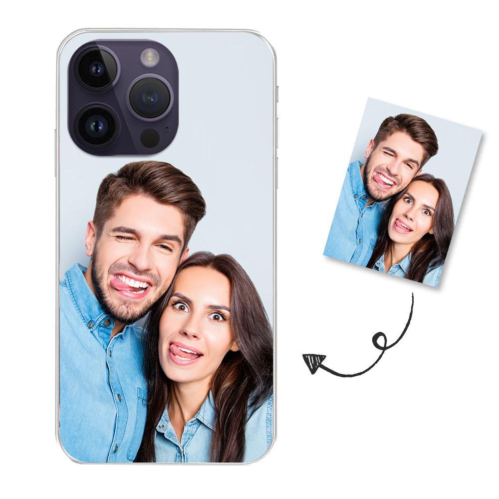 Front view of a bespoke iPhone case with a personalised face graphic and clear TPU protection.