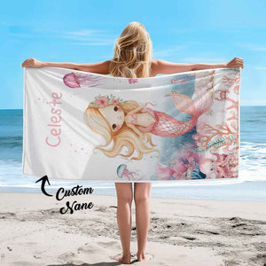 Personalized Cute Mermaid Beach Towel with Name Beach Vacation Accessories Gift for Girl