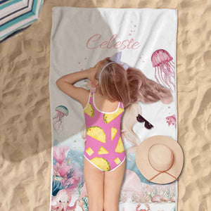 Personalized Cute Mermaid Beach Towel with Name Beach Vacation Accessories Gift for Girl