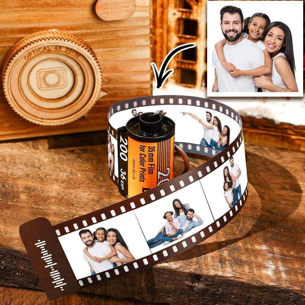 Personalised photo film roll keyring featuring a custom camera-style film with uploaded images, crafted from recycled materials and finished with a sturdy metal keyring.