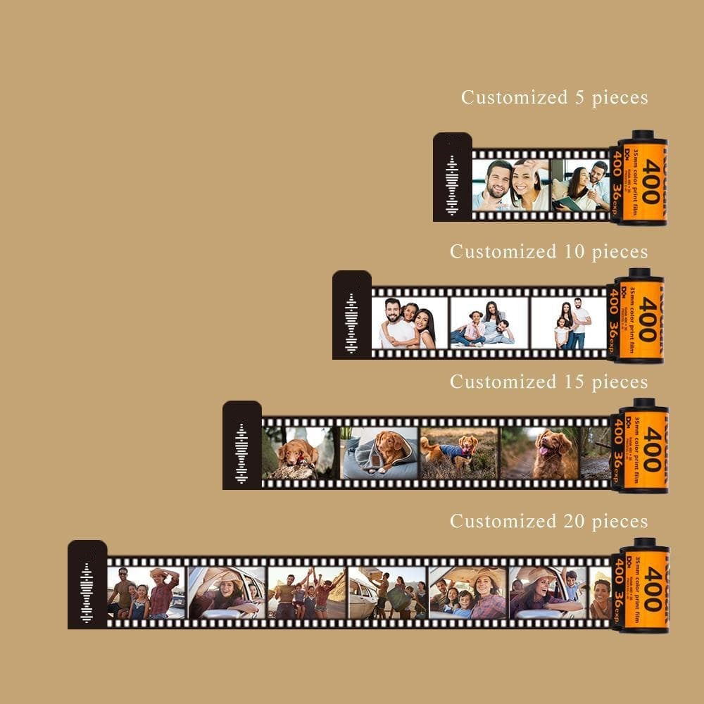 Close-up of the personalised film roll keyring displaying photo frames and a durable metal attachment.