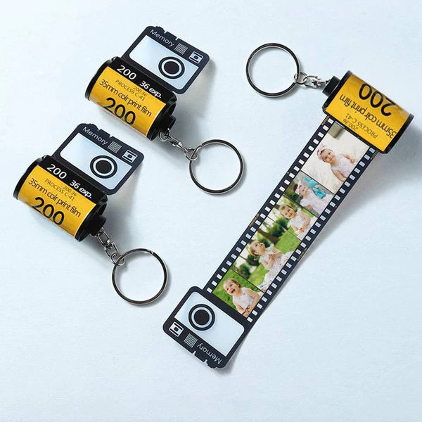 Recycled Kodak-style film roll keyring with metal split ring – lightweight, durable and eco-conscious personalised Camera Film Roll Keyring