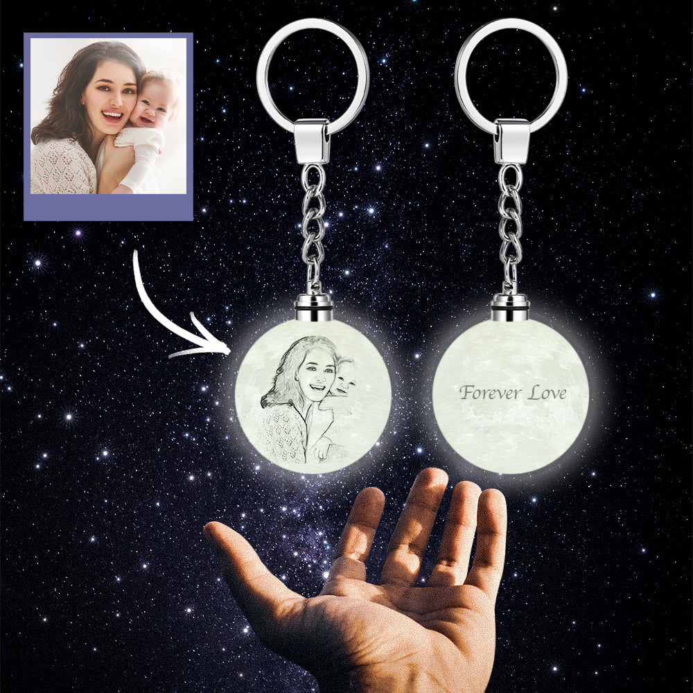 Personalised 3D printed photo moon lamp keychain — front view showing custom photo with gentle LED glow, ideal custom LED keyring