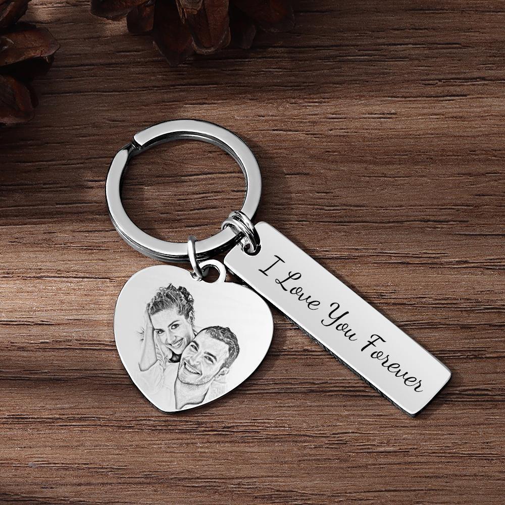 Personalised photo keyring with keys to show scale – lightweight engraved stainless steel custom keychain, ideal for anniversaries and gifts