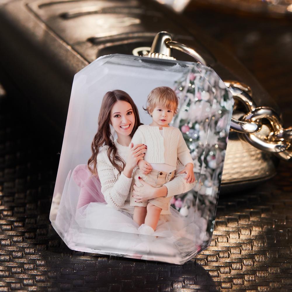 Close-up of high‑clarity crystal photo keyring showing crisp custom photo reproduction and polished finish — bespoke personalised photo keepsake