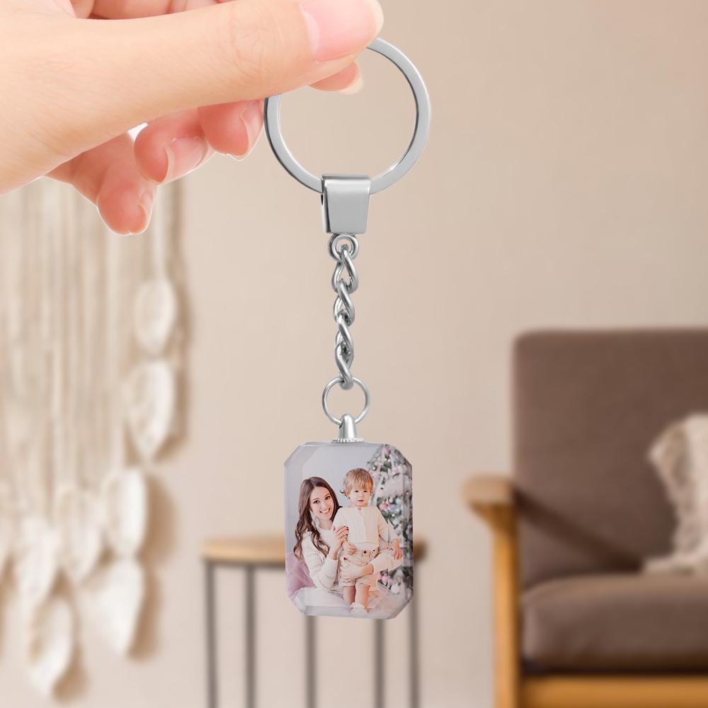 Crystal keychain with personalised engraved text and optional music clip symbol — custom photo keyring gift ideal for mum