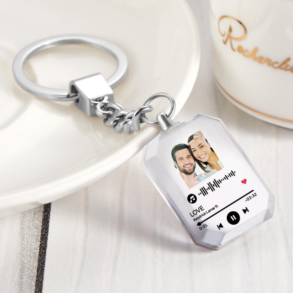 Personalised crystal keyring with chain and engraved photo — custom music code keychain gift