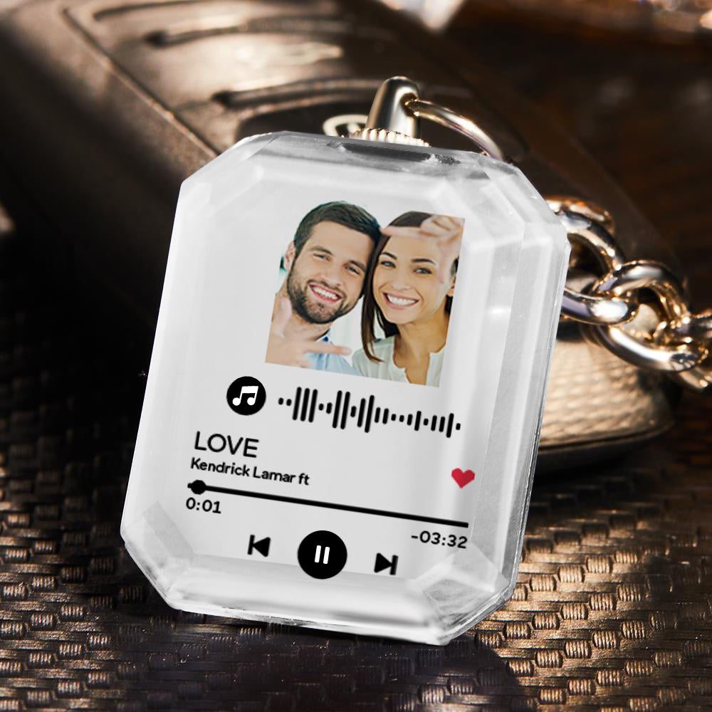 Personalised crystal keyring displayed with engraved photo and scannable music code — perfect anniversary keepsake