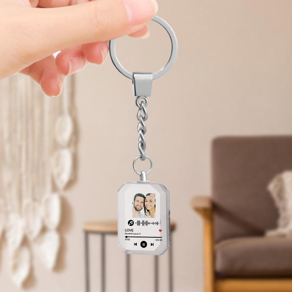 Engraved photo and music code inside crystal pendant on keyring — custom sound-code keepsake