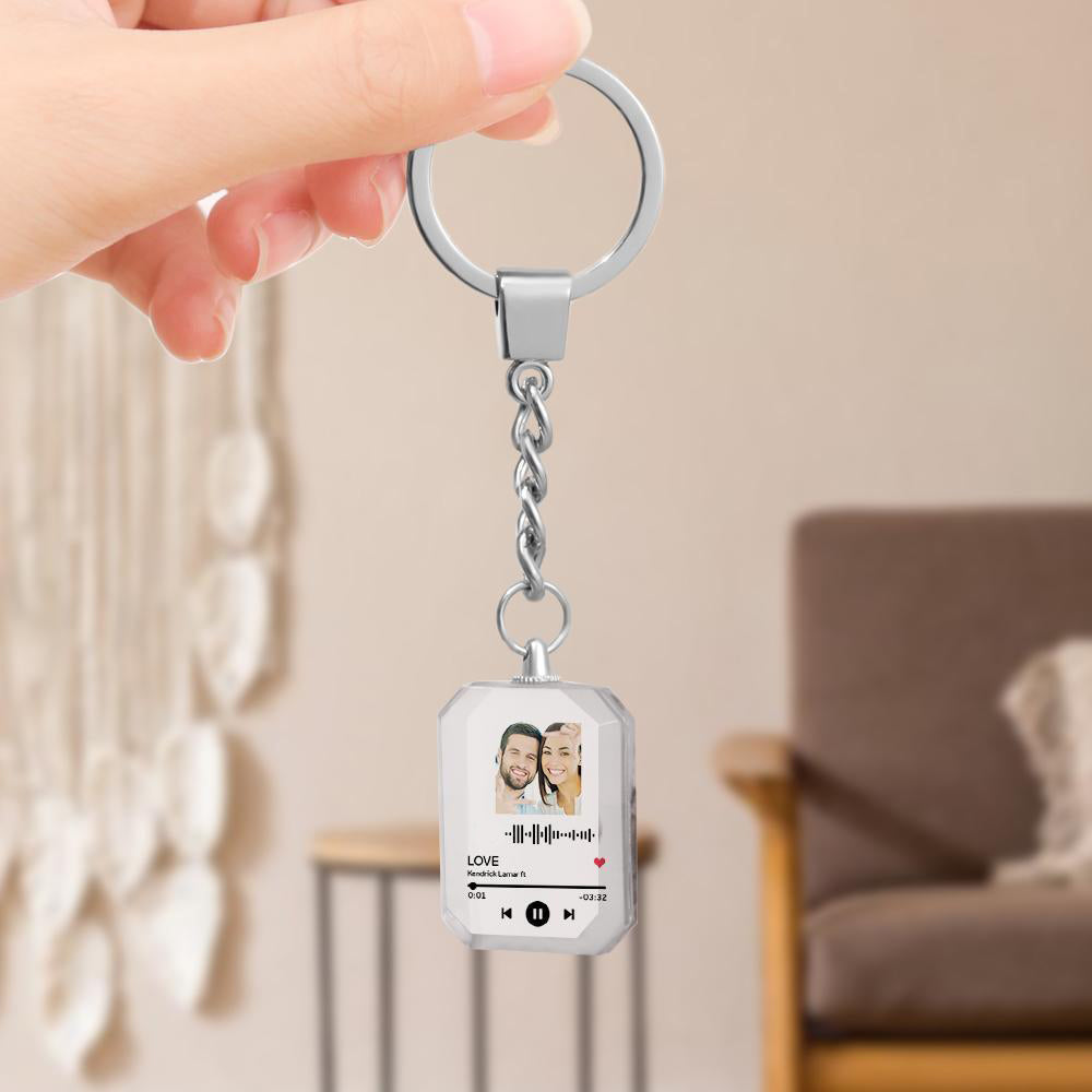 Close-up of personalised crystal pendant with scannable code and waterproof, scratch-resistant finish attached to a 98mm key ring – custom photo keepsake