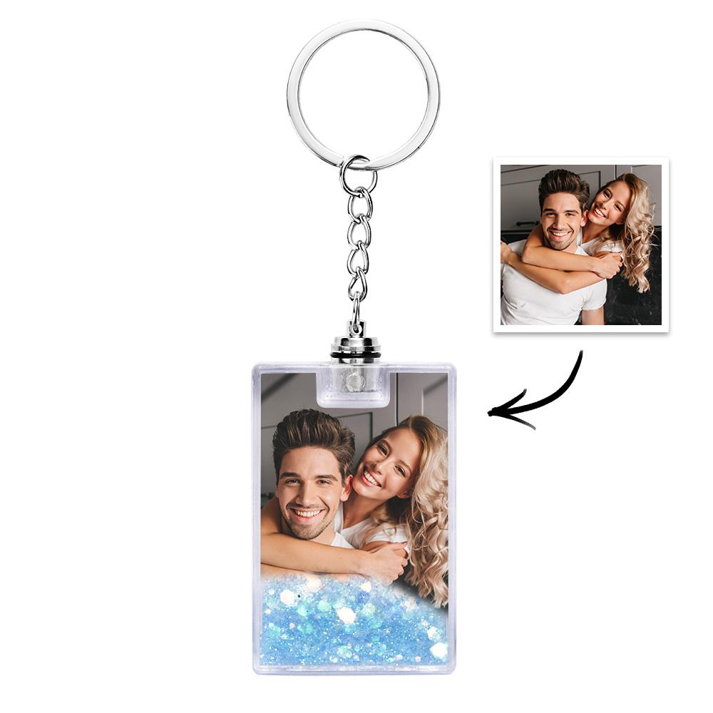 Personalised photo illuminated quicksand keychain front view showing custom image with soft LED glow and flowing sand effect, ideal personalised keyring gift
