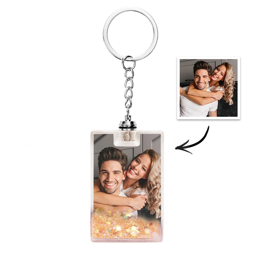 Close-up of customised text option on the photo illuminated quicksand keychain, ideal for names, dates or short messages
