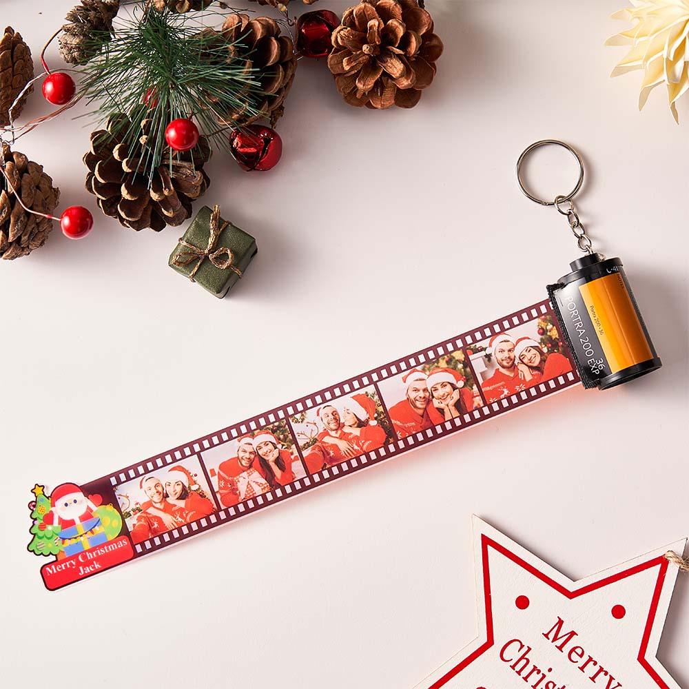 Personalised film strip keyring displayed with keys to show scale — custom photo camera film roll keychain