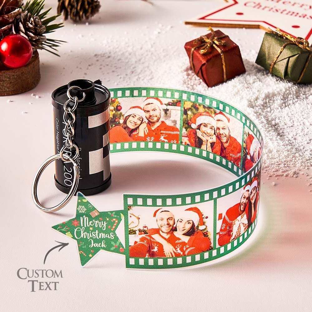 Personalised film strip keyring displayed with keys to show scale — custom photo camera film roll keychain