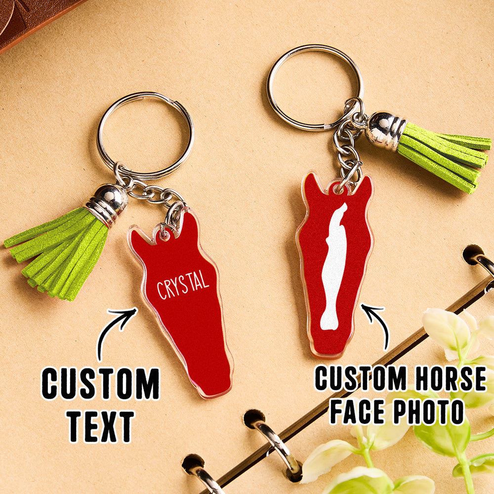 Personalised horse face acrylic keyring with tassel reverse view showing clear acrylic back and print quality