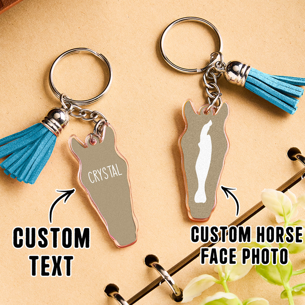 Personalised horse face acrylic keyring with tassel styled as a handbag charm on a purse for horse lovers