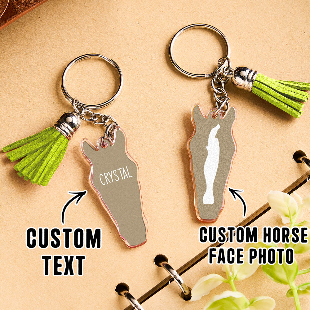 Personalised horse face acrylic keyring with tassel example custom text shown to illustrate personalisation options