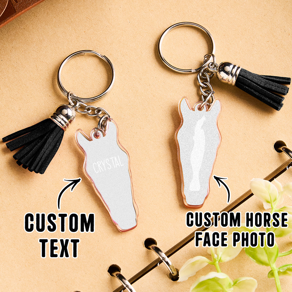 Personalised horse face acrylic keyring with tassel example featuring a short personalised quote for keepsake gifts