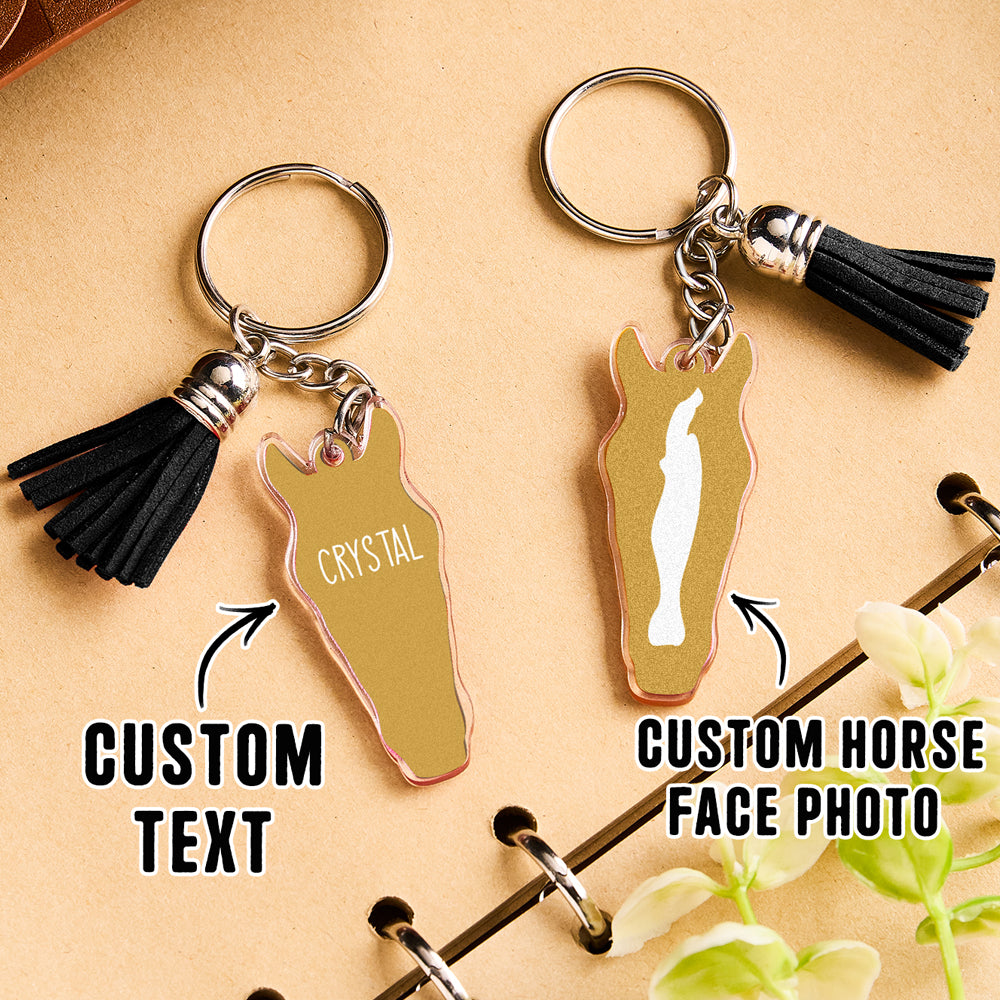 Personalised horse face acrylic keyring with tassel sample order showing personalised text card and finished charm
